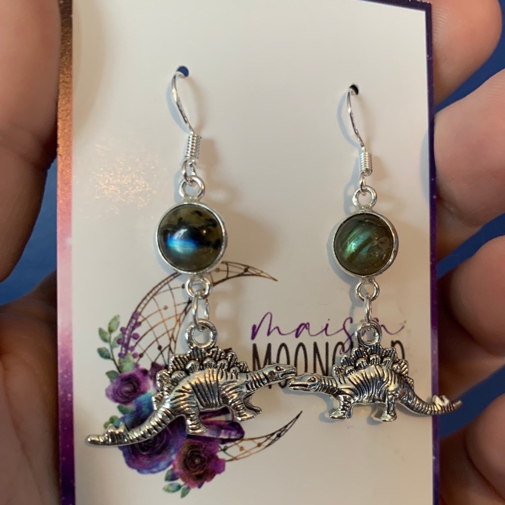 Labradorite Dinosaur Earrings - Crystal silver dinosaur jewelry for unisex